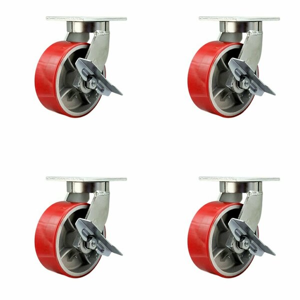 Service Caster 8'' Heavy Duty Red Poly on Cast Iron Caster Set with Brake and Swivel Lock, 4PK CRAN-SCC-KP92S830-PUR-RS-SLB-BSL-4